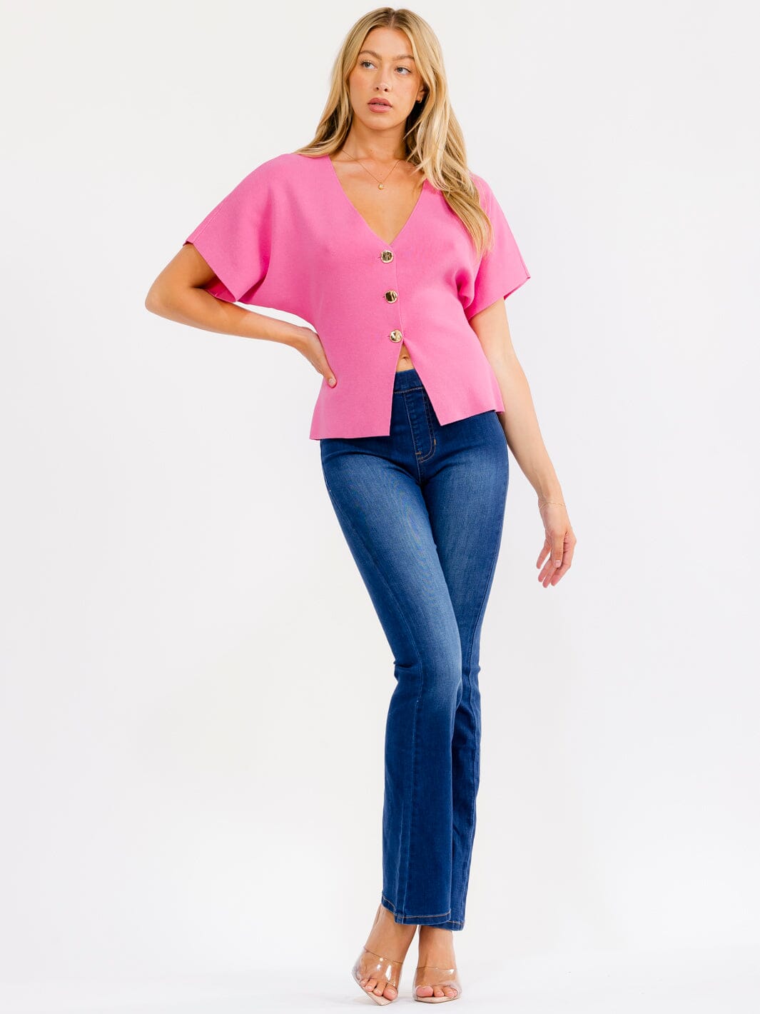 WOMEN'S SHORT SLEEVE V-NECK BUTTON UP RIBBED BLOUSE