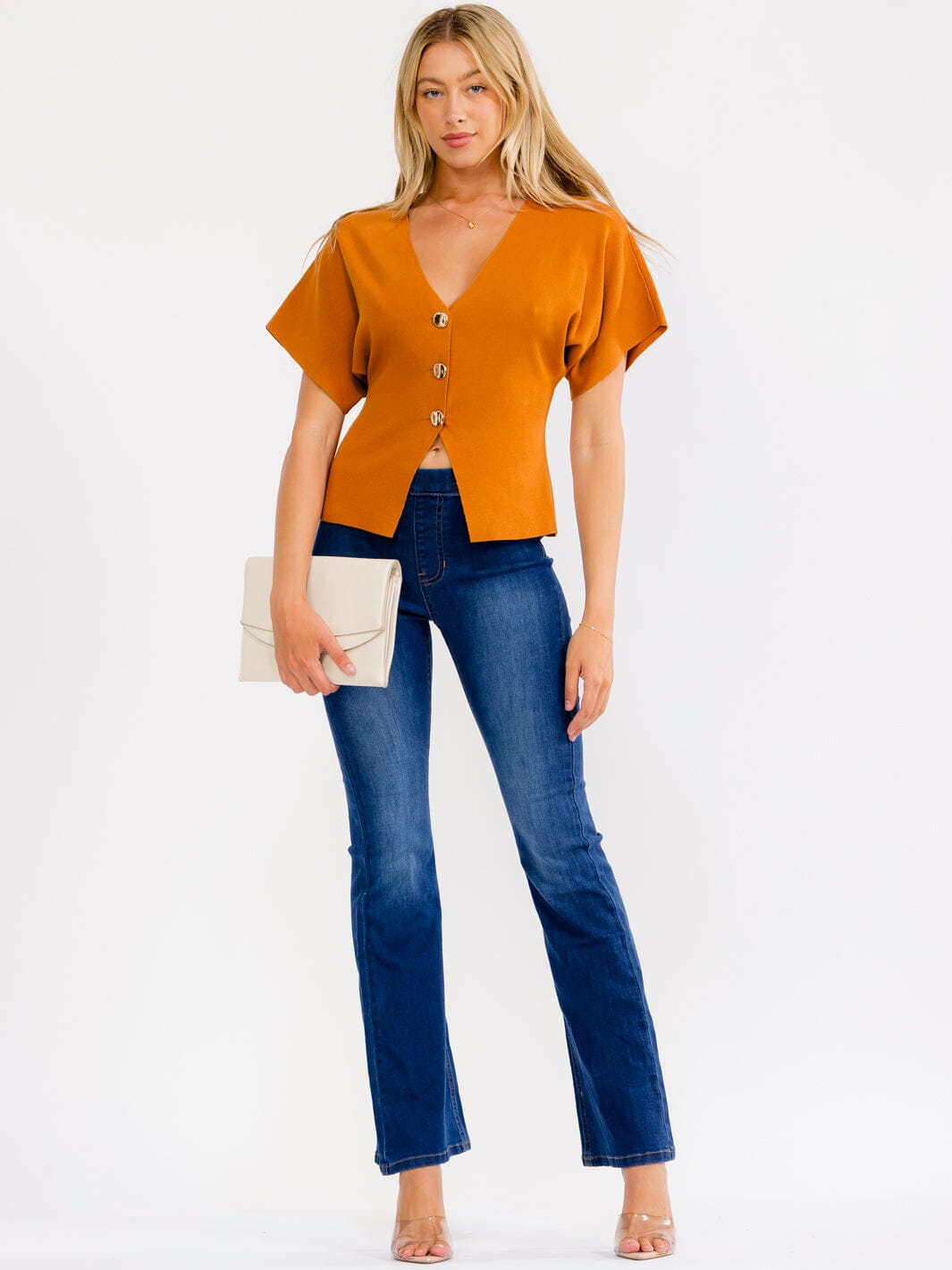 WOMEN'S SHORT SLEEVE V-NECK BUTTON UP RIBBED BLOUSE