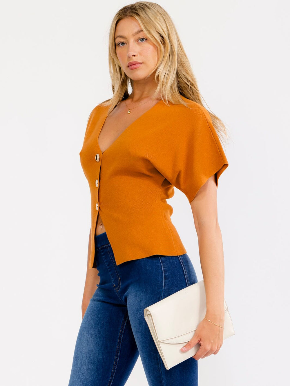 WOMEN'S SHORT SLEEVE V-NECK BUTTON UP RIBBED BLOUSE