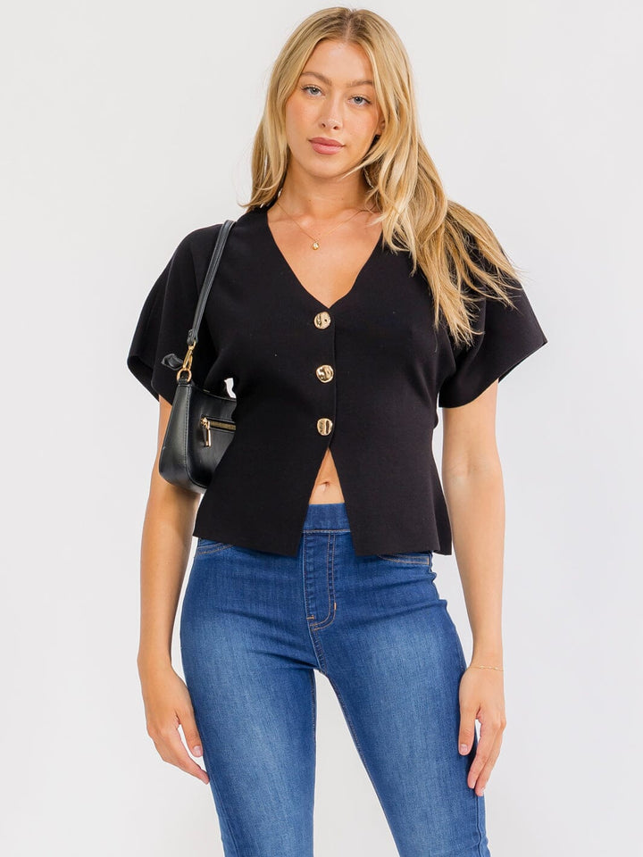 WOMEN'S SHORT SLEEVE V-NECK BUTTON UP RIBBED BLOUSE