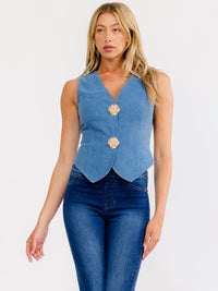 WOMEN'S SLEEVELESS V-NECK BUTTON CLOSURE DENIM TOP