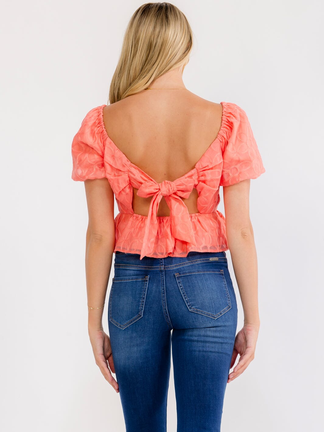 WOMEN'S SHORT PUFF SLEEVE SQUARE NECK OPEN BACK PEPLUM TOP