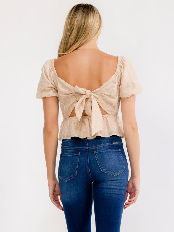 WOMEN'S SHORT PUFF SLEEVE SQUARE NECK OPEN BACK PEPLUM TOP