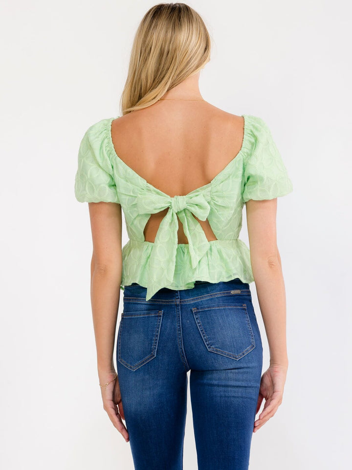 WOMEN'S SHORT PUFF SLEEVE SQUARE NECK OPEN BACK PEPLUM TOP