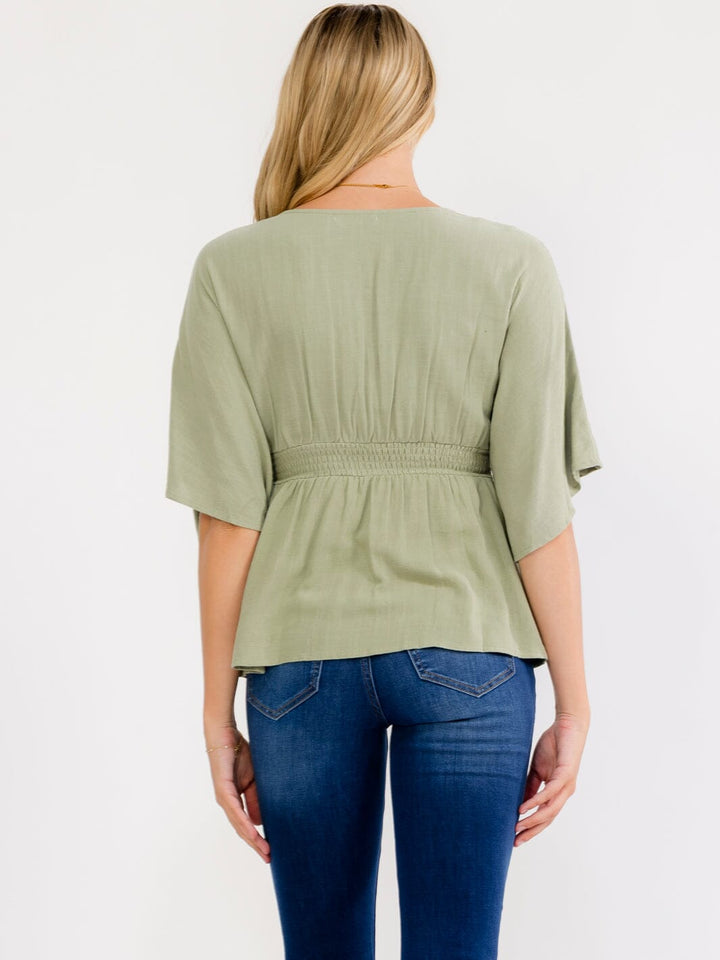 WOMEN'S SHORT SLEEVE V-NECK BUTTON UP LINEN BLOUSE