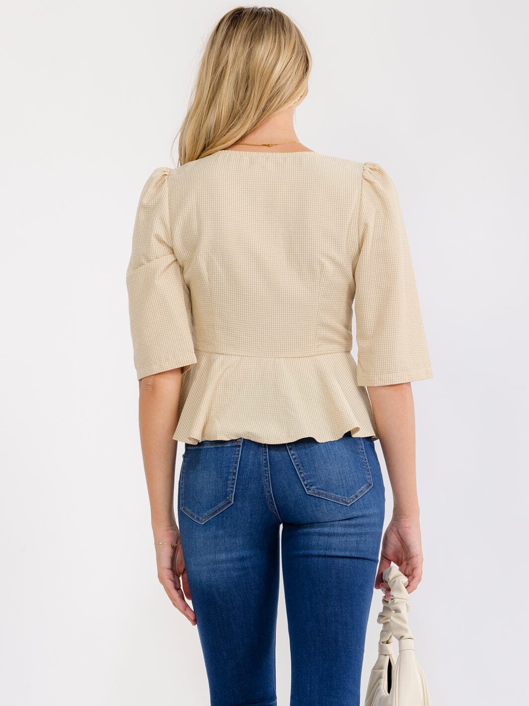 WOMEN'S SHORT SLEEVE BUTTON UP PEPLUM BLOUSE
