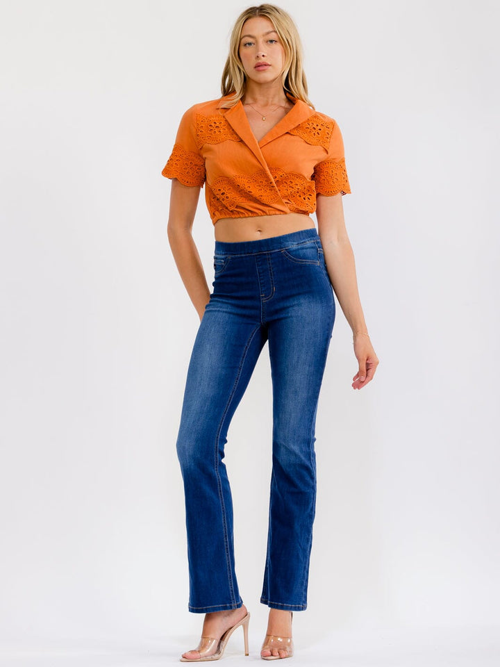 WOMEN'S SHORT SLEEVE CROCHET WRAP BLOUSE