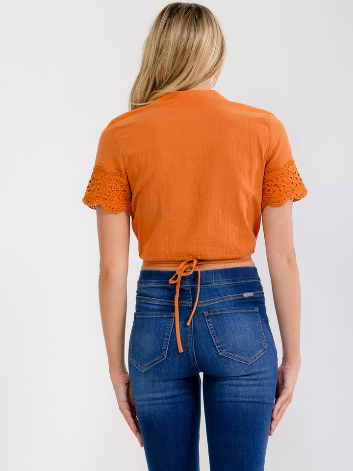 WOMEN'S SHORT SLEEVE CROCHET WRAP BLOUSE