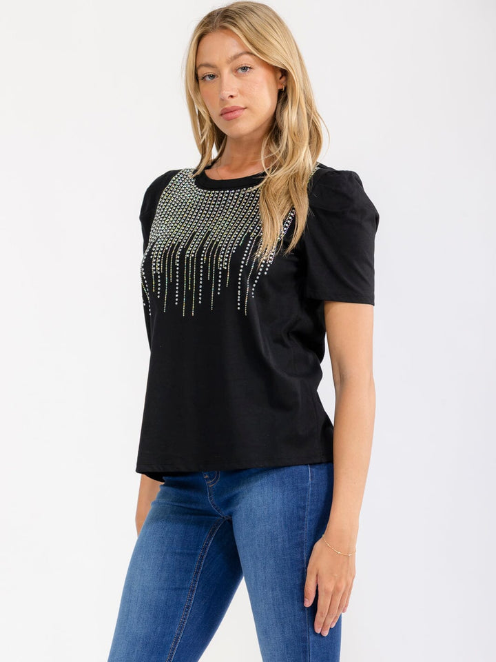 WOMEN'S SHORT SLEEVE RHINESTONES DETAILED BASIC TOP