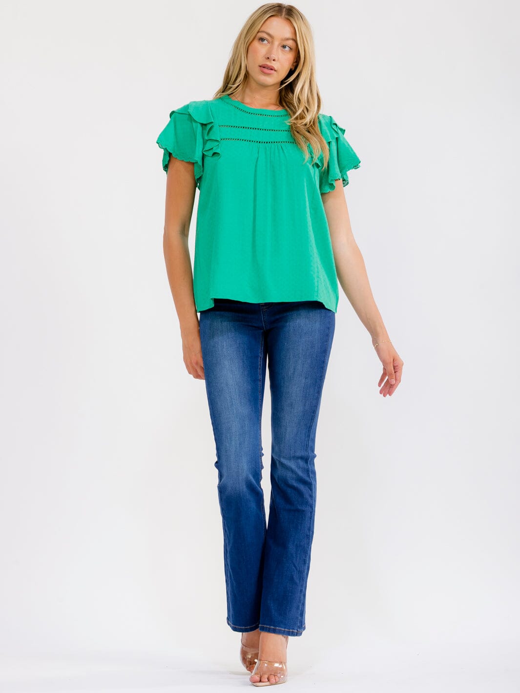 WOMEN'S SHORT RUFFLE SLEEVE SWISS DETAILED BLOUSE