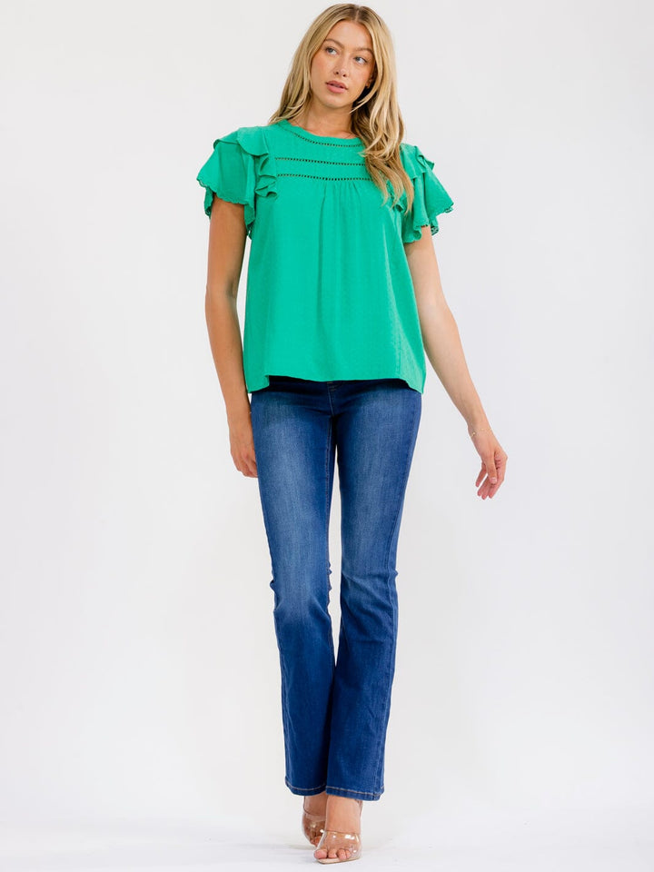 WOMEN'S SHORT RUFFLE SLEEVE SWISS DETAILED BLOUSE