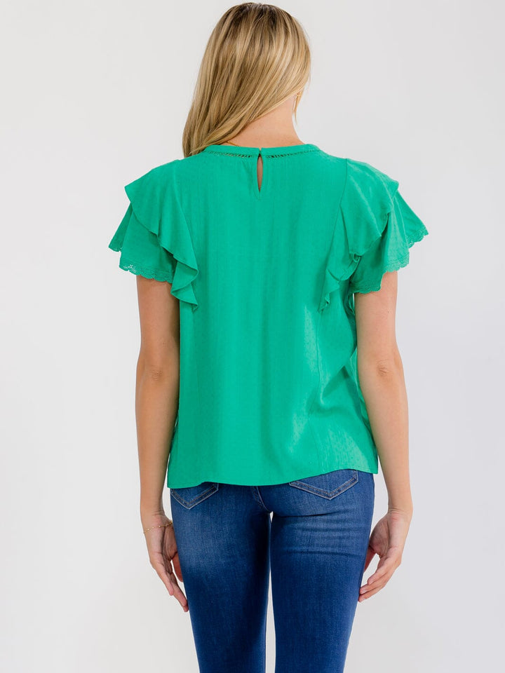 WOMEN'S SHORT RUFFLE SLEEVE SWISS DETAILED BLOUSE