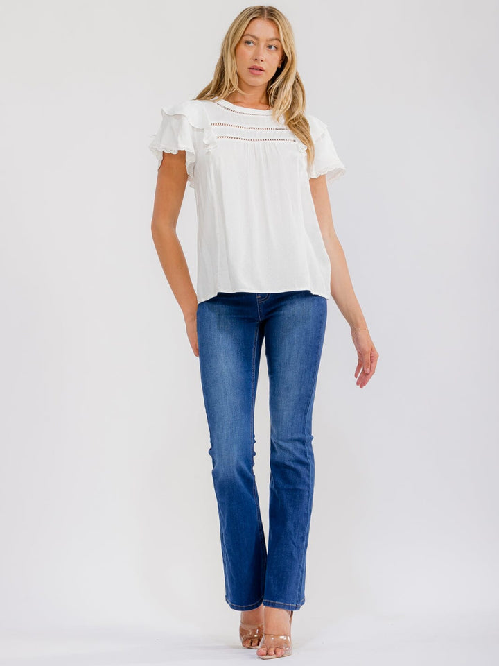 WOMEN'S SHORT RUFFLE SLEEVE SWISS DETAILED BLOUSE