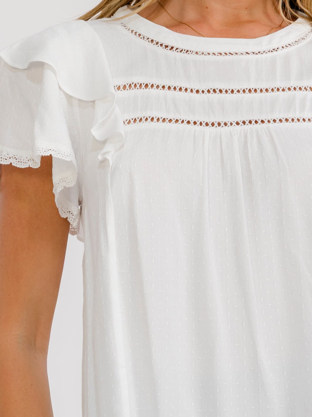 WOMEN'S SHORT RUFFLE SLEEVE SWISS DETAILED BLOUSE