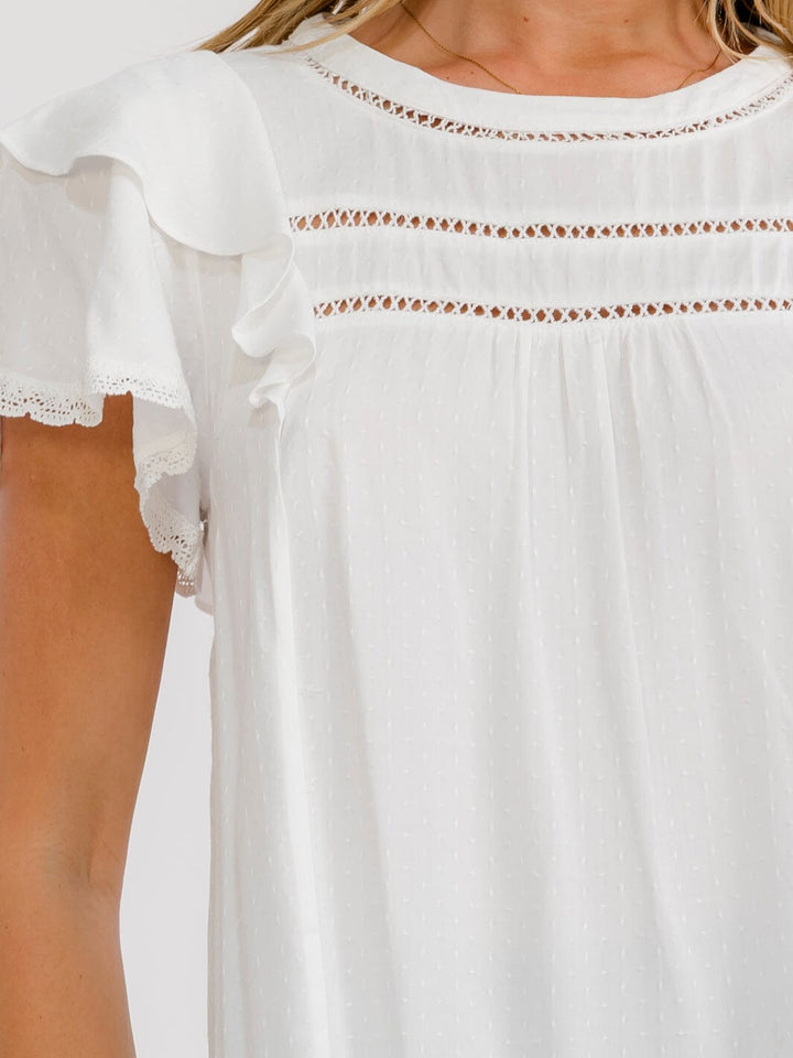 WOMEN'S SHORT RUFFLE SLEEVE SWISS DETAILED BLOUSE