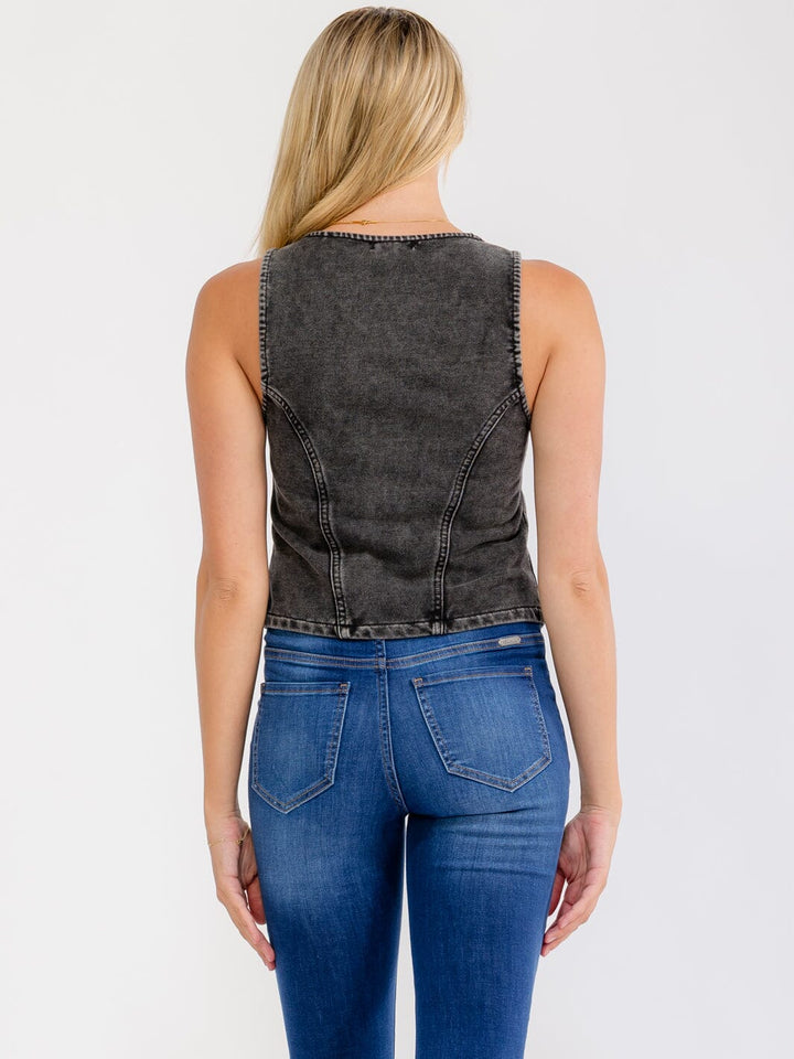 WOMEN'S SLEEVELESS BUTTON UP FRONT POCKETS DENIM WASHED TANK TOP