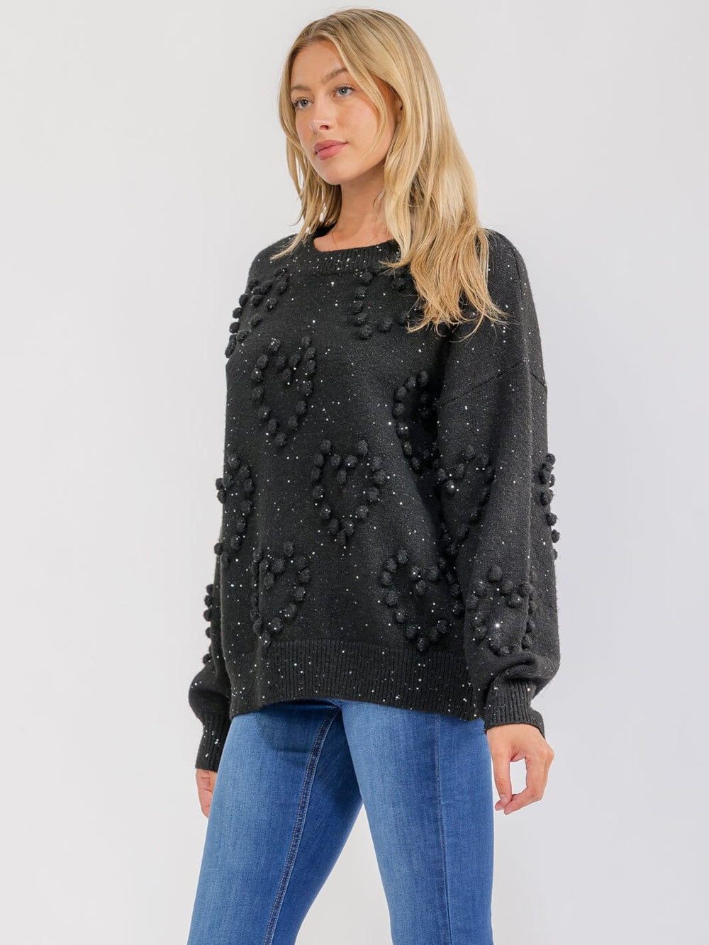 WOMEN'S LONG SLEEVE SEQUINS POM POM PULLOVER SWEATER