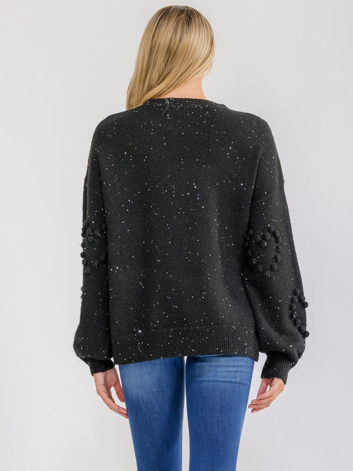 WOMEN'S LONG SLEEVE SEQUINS POM POM PULLOVER SWEATER