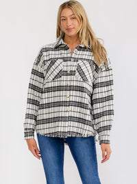 WOMEN'S LONG SLEEVE BUTTON UP FRONT POCKETS RAW EDGE PLAID JACKET