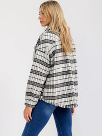 WOMEN'S LONG SLEEVE BUTTON UP FRONT POCKETS RAW EDGE PLAID JACKET