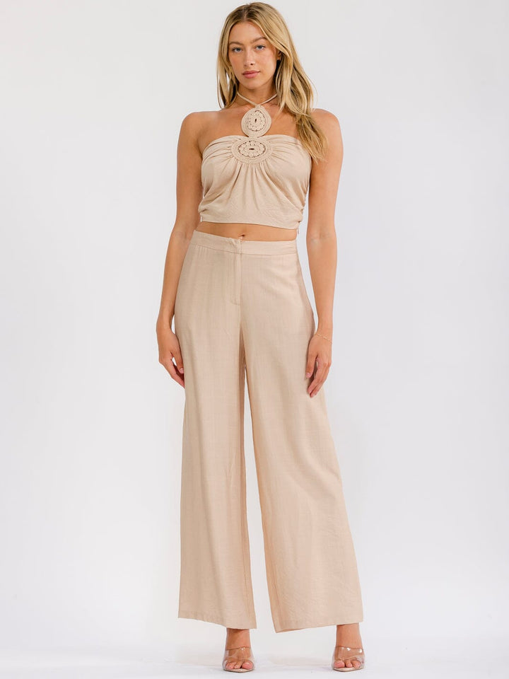 WOMEN'S HALTER NECK CROP TOP & BUTTON CLOSURE WIDE LEG PANTS CROCHET 2PC. SET