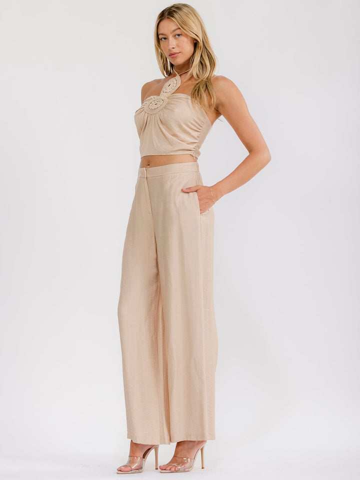 WOMEN'S HALTER NECK CROP TOP & BUTTON CLOSURE WIDE LEG PANTS CROCHET 2PC. SET