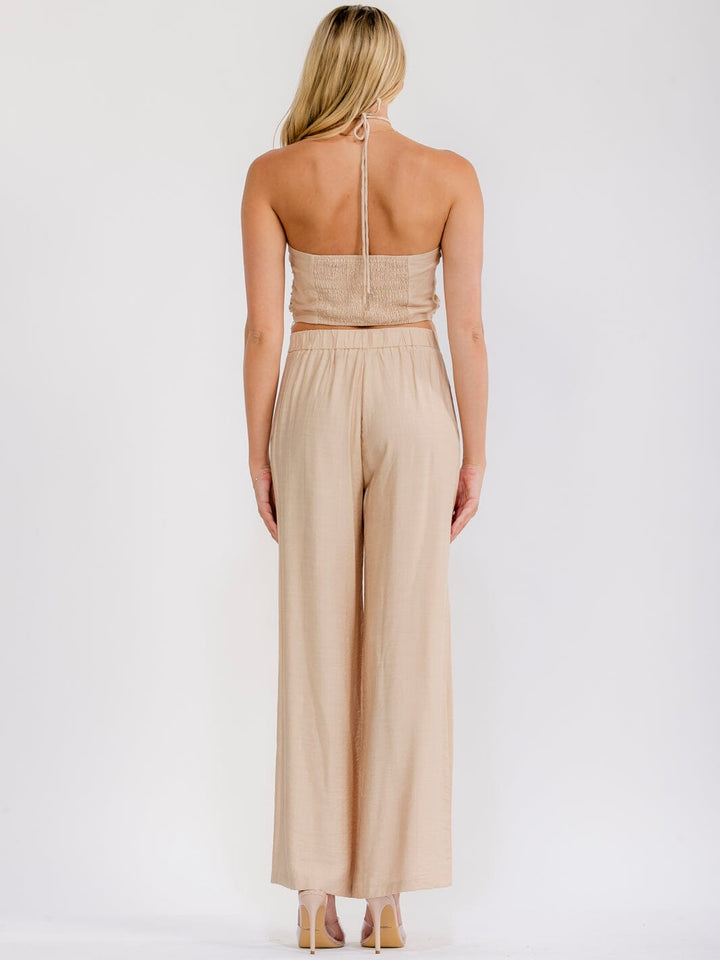 WOMEN'S HALTER NECK CROP TOP & BUTTON CLOSURE WIDE LEG PANTS CROCHET 2PC. SET