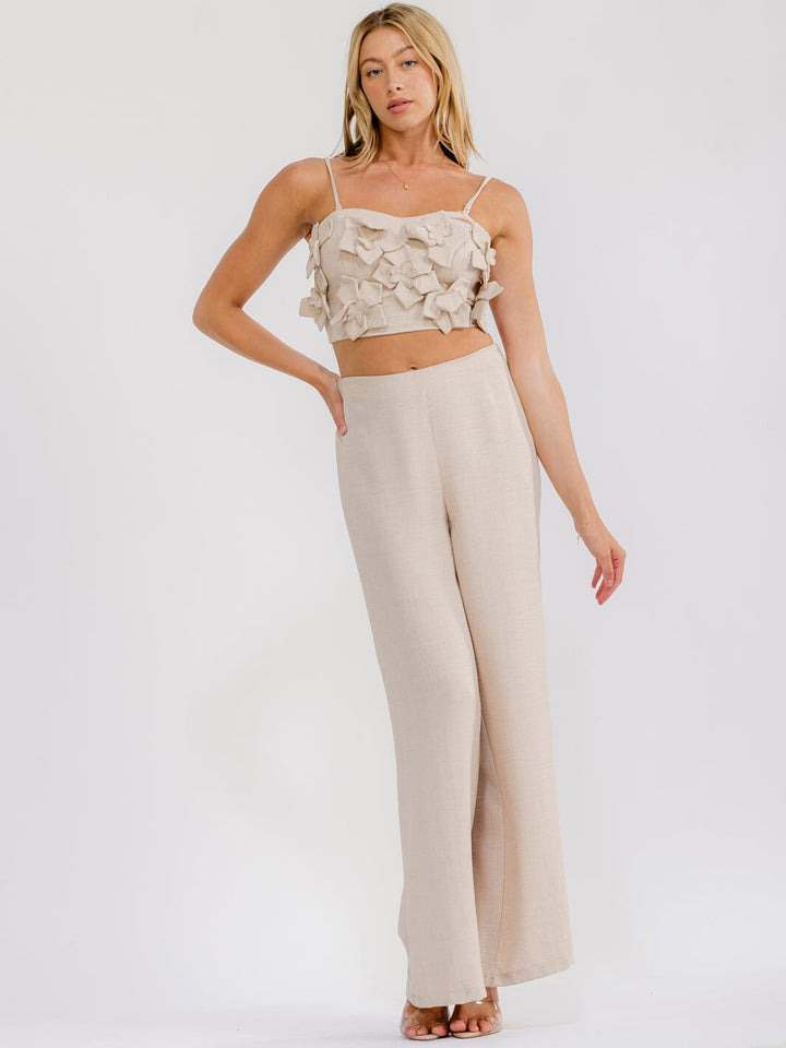 WOMEN'S SLEEVELESS CROP TOP & ZIP UP PANTS FLOWER DETAILED 2PC. SET