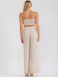 WOMEN'S SLEEVELESS CROP TOP & ZIP UP PANTS FLOWER DETAILED 2PC. SET