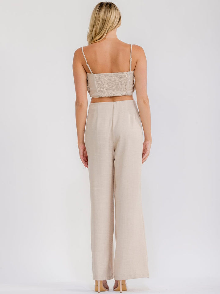 WOMEN'S SLEEVELESS CROP TOP & ZIP UP PANTS FLOWER DETAILED 2PC. SET