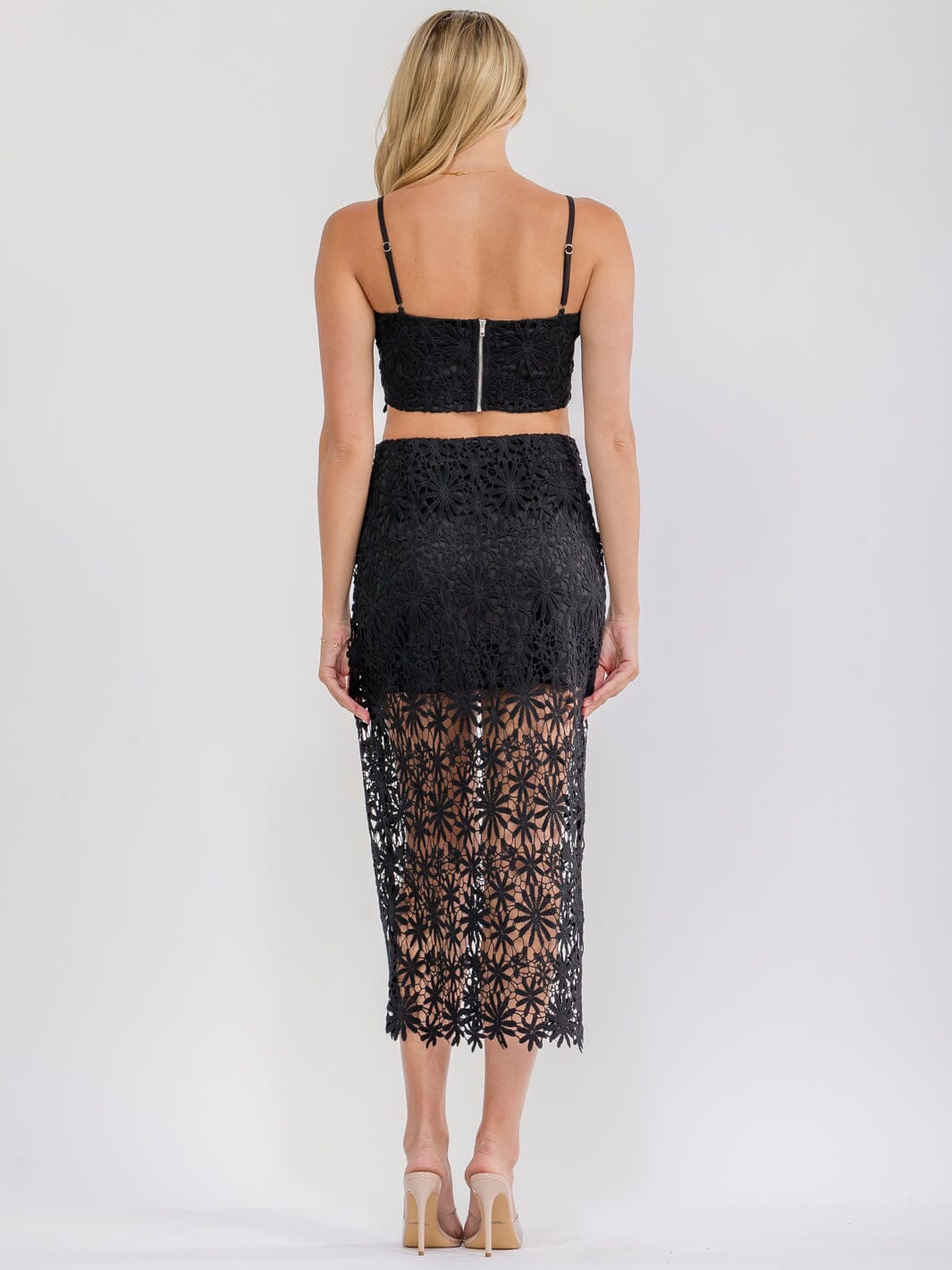 WOMEN'S SLEEVELESS CROP TOP & ZIP UP MAXI SKIRT FLOWER CROCHET 2PC. SET