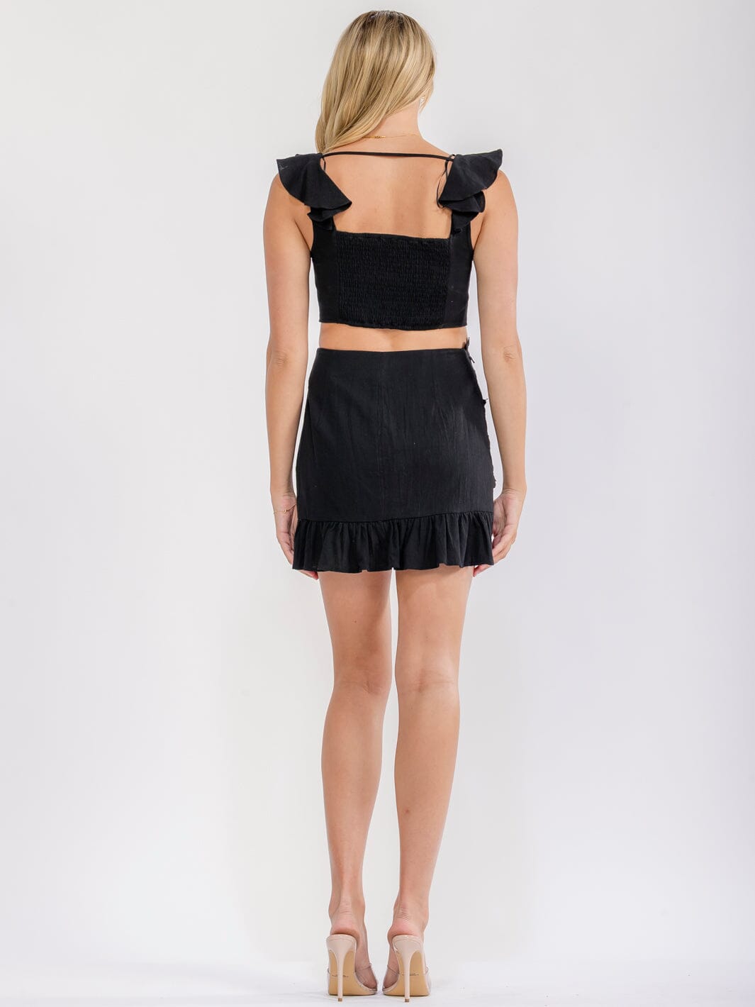 WOMEN'S SLEEVELESS RUFFLE CROP TOP & ZIP UP MINI SKIRT FLOWER EMBROIDERY 2PC. SET