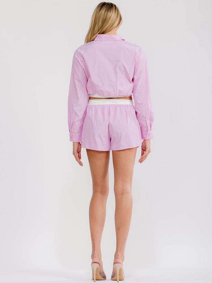 WOMEN'S LONG SLEEVE CROP TOP & ELASTIC WAIST SHORTS COLORBLOCK STRIPES 2PC. SET