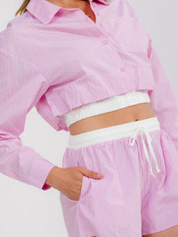 WOMEN'S LONG SLEEVE CROP TOP & ELASTIC WAIST SHORTS COLORBLOCK STRIPES 2PC. SET