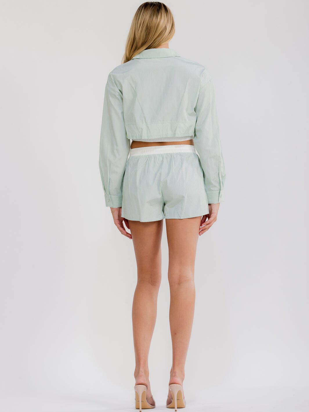 WOMEN'S LONG SLEEVE CROP TOP & ELASTIC WAIST SHORTS COLORBLOCK STRIPES 2PC. SET