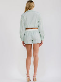WOMEN'S LONG SLEEVE CROP TOP & ELASTIC WAIST SHORTS COLORBLOCK STRIPES 2PC. SET