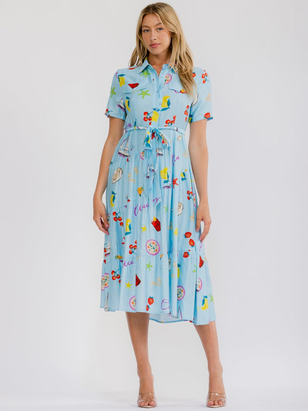 WOMEN'S SHORT SLEEVE BUTTON UP SELF TIE MULTI PRINT MIDI DRESS