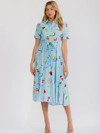 WOMEN'S SHORT SLEEVE BUTTON UP SELF TIE MULTI PRINT MIDI DRESS
