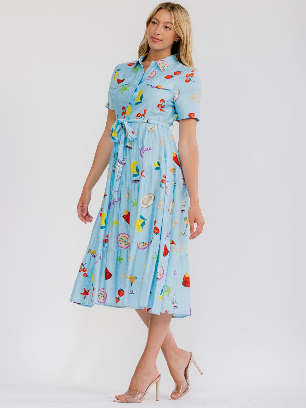 WOMEN'S SHORT SLEEVE BUTTON UP SELF TIE MULTI PRINT MIDI DRESS