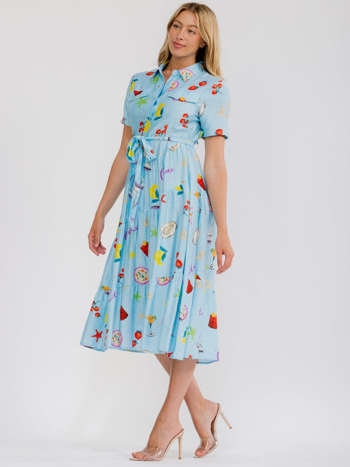 WOMEN'S SHORT SLEEVE BUTTON UP SELF TIE MULTI PRINT MIDI DRESS