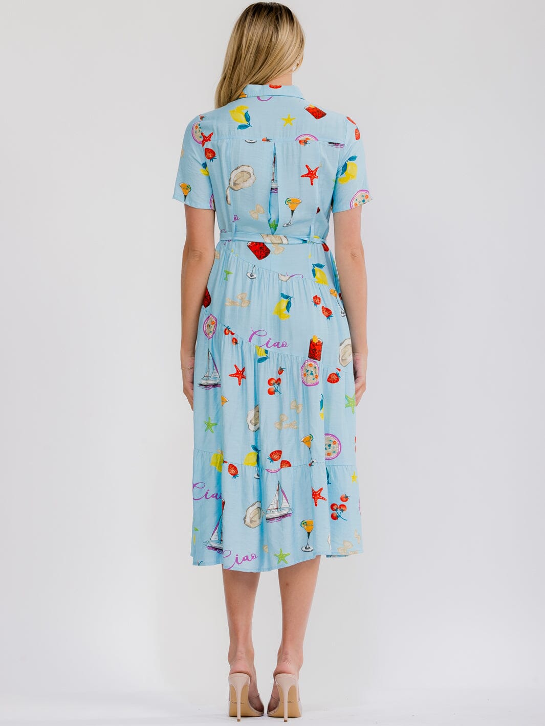 WOMEN'S SHORT SLEEVE BUTTON UP SELF TIE MULTI PRINT MIDI DRESS