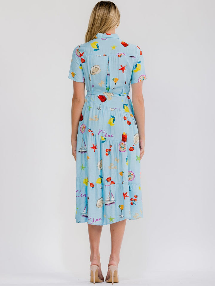 WOMEN'S SHORT SLEEVE BUTTON UP SELF TIE MULTI PRINT MIDI DRESS