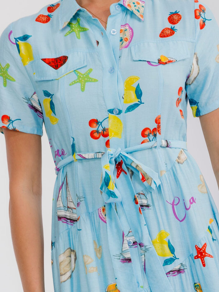 WOMEN'S SHORT SLEEVE BUTTON UP SELF TIE MULTI PRINT MIDI DRESS