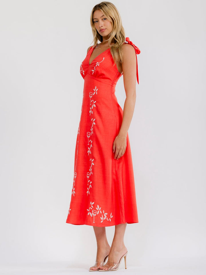 WOMEN'S SLEEVELESS V-NECK SMOCK EMBROIDERY FLORAL MAXI DRESS