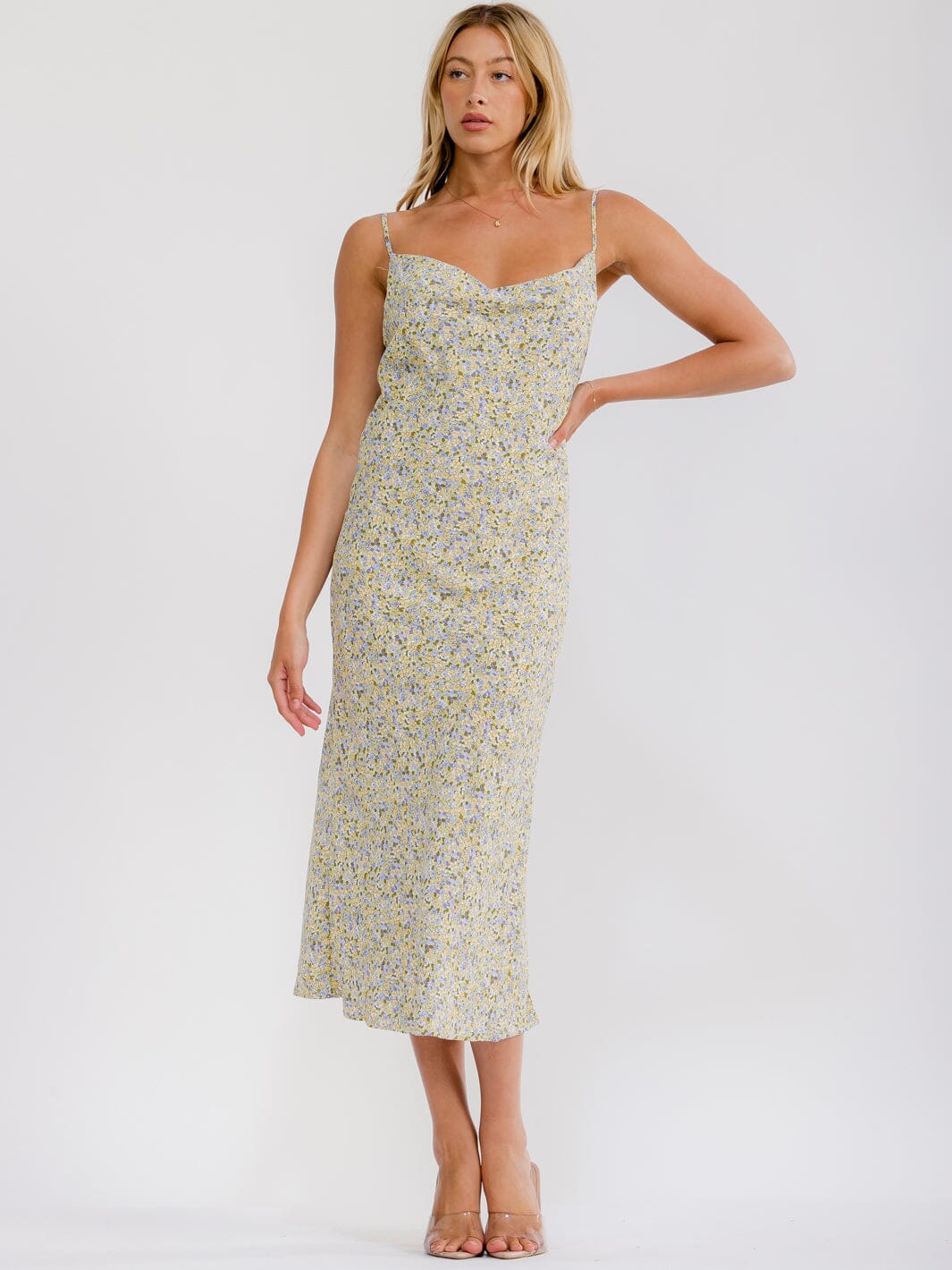 WOMEN'S SLEEVELESS COWL NECK OPEN BACK FLORAL MAXI DRESS