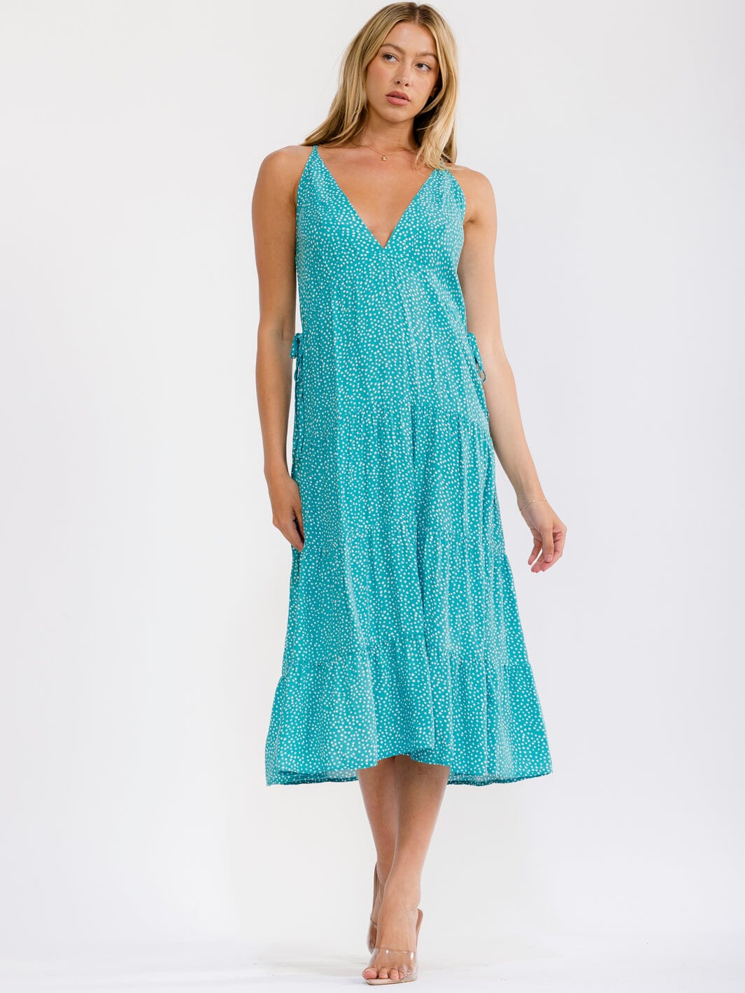 WOMEN'S SLEEVELESS V-NECK TIERED POLKA DOTS MIDI DRESS