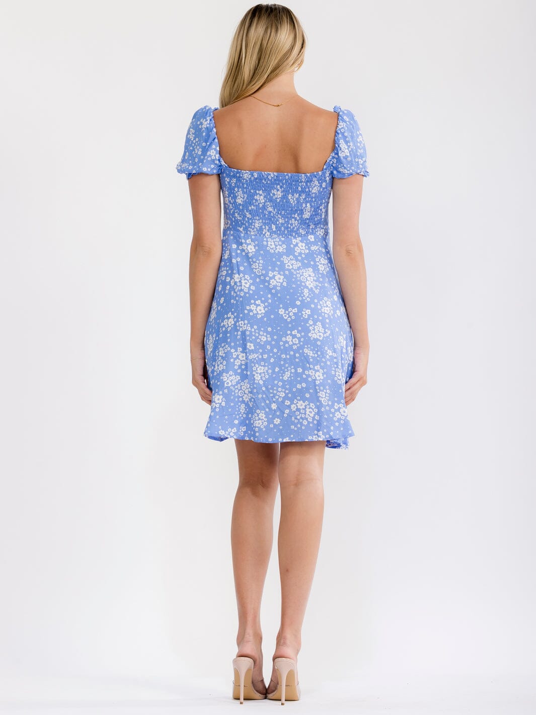 WOMEN'S SHORT PUFF SLEEVE SQUARE NECK SMOCK FLORAL MINI DRESS