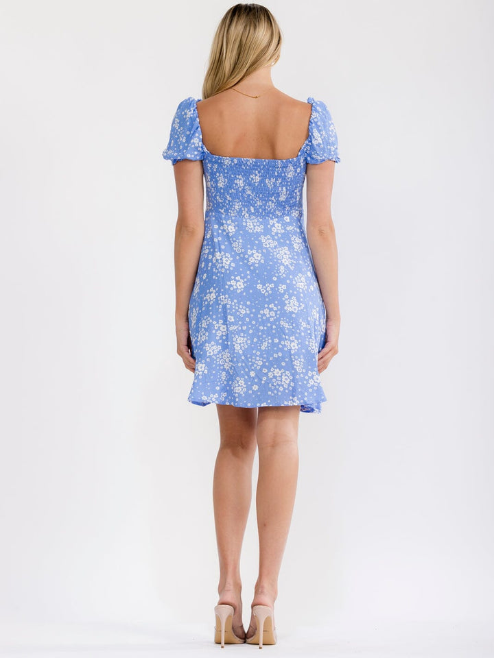 WOMEN'S SHORT PUFF SLEEVE SQUARE NECK SMOCK FLORAL MINI DRESS