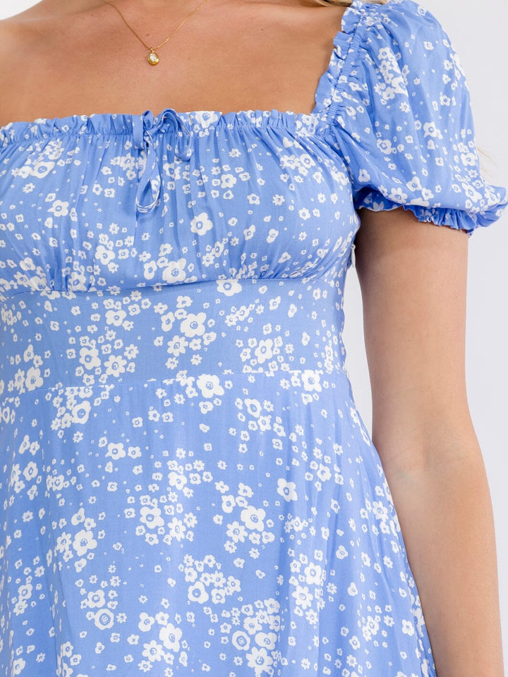 WOMEN'S SHORT PUFF SLEEVE SQUARE NECK SMOCK FLORAL MINI DRESS