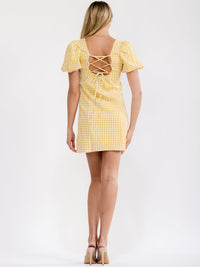 WOMEN'S SHORT PUFF SLEEVE SQUARE NECK OPEN BACK PLAID MINI DRESS